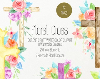 Watercolor Floral Cross, wood cross and pastel watercolor cross with flower decoration, cross clipart for instant download