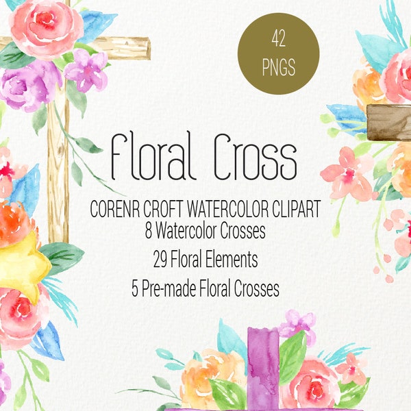 Watercolor Floral Cross, wood cross and pastel watercolor cross with flower decoration, cross clipart for instant download