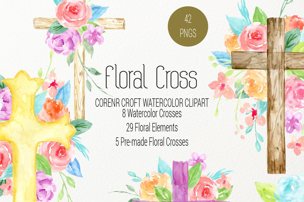 Watercolor Floral Cross, wood cross and pastel watercolor cross with …
