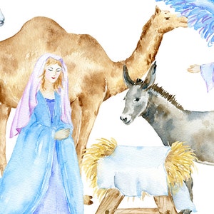 以下が含まれることがあります： ラクダ、ロバ、子羊、天使、そしてマリアがいるクリスマスの場面を描いた水彩画。天使は青い羽根と紫色のローブを着ている。マリアは青いローブにピンクのショールを羽織っている。ラクダは茶色、ロバは灰色、子羊は白です。