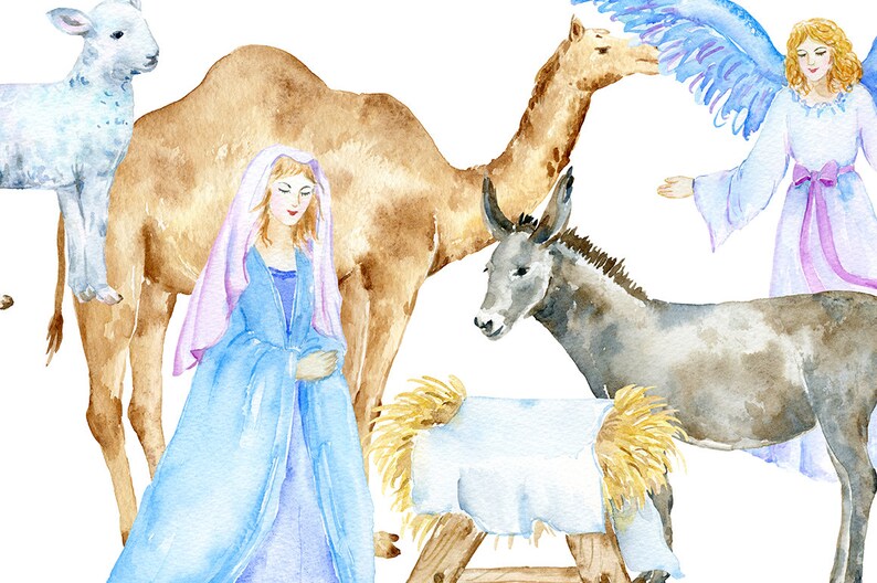 以下が含まれることがあります： ラクダ、ロバ、子羊、天使、そしてマリアがいるクリスマスの場面を描いた水彩画。天使は青い羽根と紫色のローブを着ている。マリアは青いローブにピンクのショールを羽織っている。ラクダは茶色、ロバは灰色、子羊は白です。
