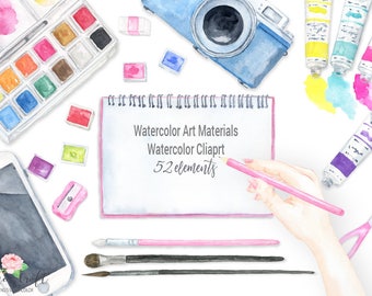 Watercolor Art Clipart, Painting Supplies, Artist Tools (Digital Download)