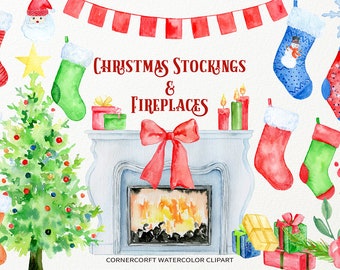 Acuarela Navidad media, chimenea, árbol de Navidad descarga instantánea