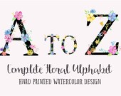 Watercolor Floral Alphabets on Black Background for instant download