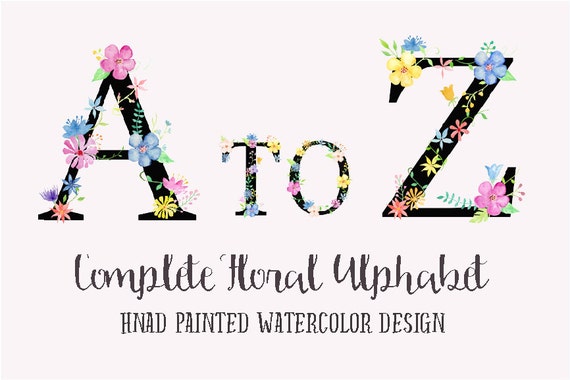 Watercolor Floral Alphabets on Black Background for instant download