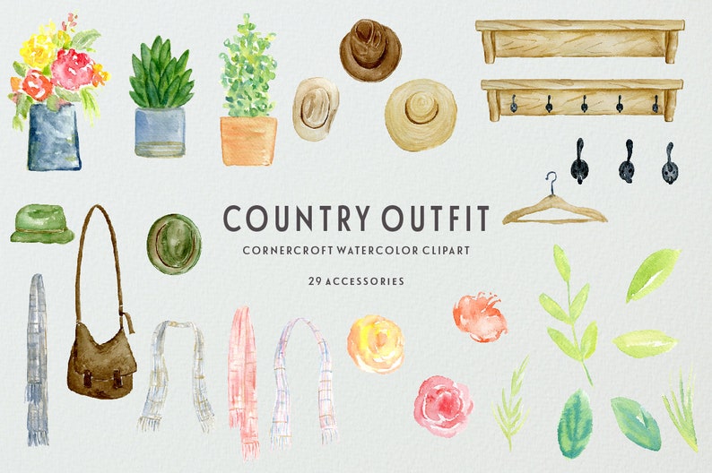 May include: A watercolor clipart set featuring 29 country-themed accessories, including hats, scarves, a purse, plants, flowers, and a coat rack. The text "COUNTRY OUTFIT" and "CORNERCROFT WATERCOLOR CLIPART" is included in the image.