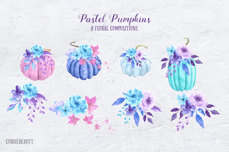 Pu&ograve; includere: Otto illustrazioni ad acquerello di zucche pastello con composizioni floreali. Le zucche sono in tonalit&agrave; di blu, rosa e turchese. I fiori sono in tonalit&agrave; di viola, blu e rosa.
