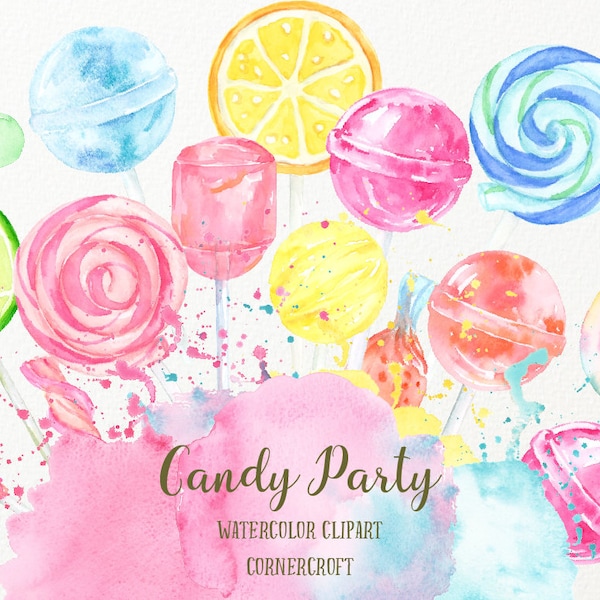 Watercolor Candy Party, candies, sweets, lollipops in pastel color, pink, blue, yellow and purple printable instant download