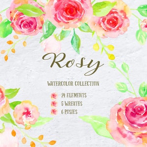 Watercolor Collection Rosy - blush, pink and red flowers, posies and wreaths for instant download, wedding graphics
