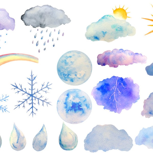 Weather clipart, watercolor sun moon rain drops, cloud for instant download scrapbook watercolor cards wedding invitations