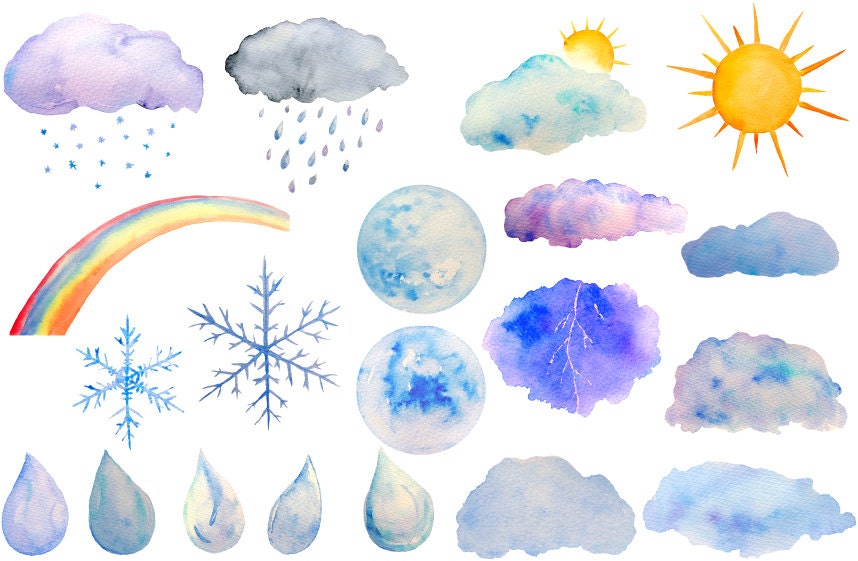 Weather clipart, watercolor sun moon rain drops, cloud for instant download scrapbook watercolor cards wedding invitations