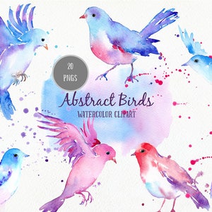 May include: Watercolor clipart of 20 abstract birds in pink, blue, and purple hues. The birds are in various poses, some flying, some perched, and some with their wings spread. The background is a light blue watercolor wash with pink and purple splatters.