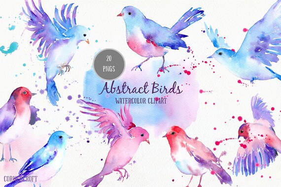 Watercolor Bird Clip Art, Abstract Flying Birds (Digital Download)