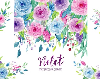 Watercolor Clipart Violet Collection - floral elements border, frame and flower arrangement for instant download,