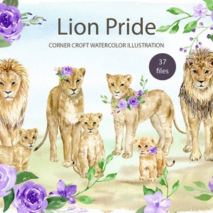 Clipart de lion, fierté de lion aquarelle, clipart famille lion