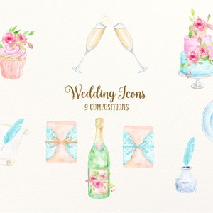 Puede incluir: Ilustraciones de acuarela de iconos de boda, que incluyen un cupcake con glaseado rosa y flores, un brindis con champ&aacute;n, un pastel de boda de tres pisos con glaseado rosa y flores, una invitaci&oacute;n de boda con una cinta azul, una botella de champ&aacute;n con una etiqueta rosa y flores, un favor de boda con una cinta azul, una pluma y un rollo, una tarjeta de lugar de boda con una cinta azul y un frasco de tinta con una pluma.