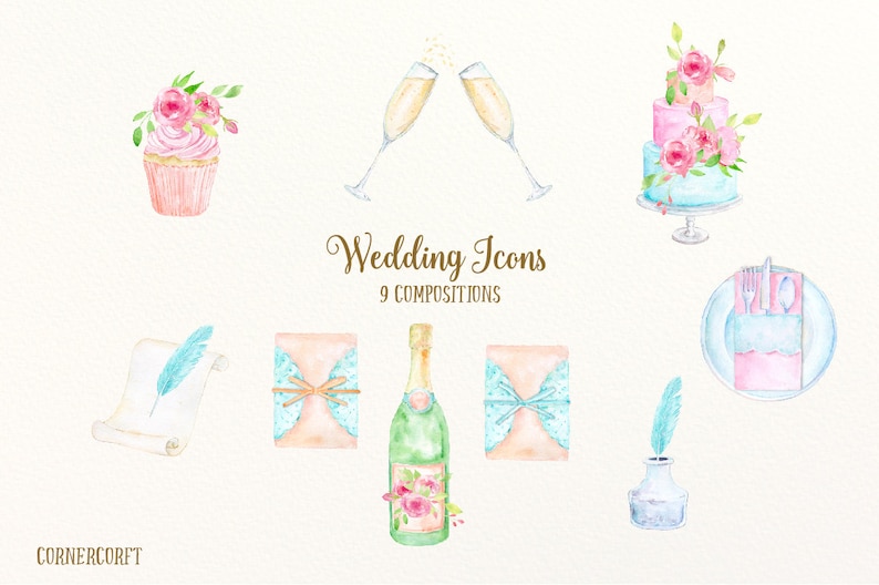 Puede incluir: Ilustraciones de acuarela de iconos de boda, que incluyen un cupcake con glaseado rosa y flores, un brindis con champ&aacute;n, un pastel de boda de tres pisos con glaseado rosa y flores, una invitaci&oacute;n de boda con una cinta azul, una botella de champ&aacute;n con una etiqueta rosa y flores, un favor de boda con una cinta azul, una pluma y un rollo, una tarjeta de lugar de boda con una cinta azul y un frasco de tinta con una pluma.