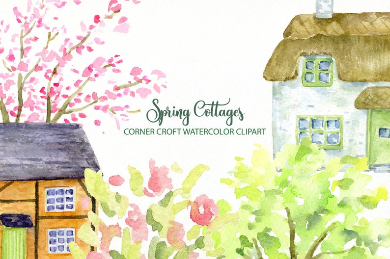 Watercolor spring cottage, traditional cottages, watercolour cottages, old house, instant download image 7