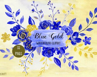 Blue Gold Clipart - watercolor clipart blue and gold roses, floral elements border, frame and flower arrangement for instant download,