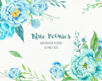 Watercolor Blue Peony Clipart, Floral Arrangements (Digital Download)