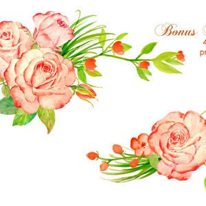 May include: Two watercolor illustrations of pink roses with green leaves and stems. The first illustration features three roses, while the second illustration features one rose. Both illustrations include small red flowers.