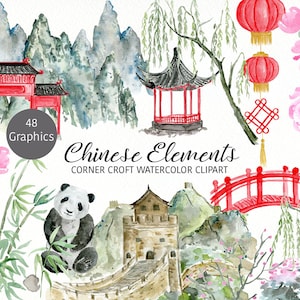 Clipart dell'acquerello di elementi cinesi per il download immediato