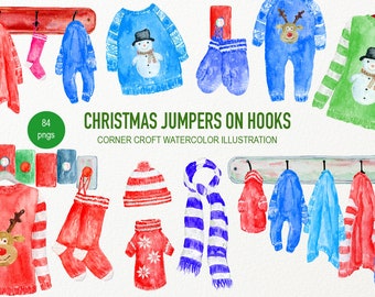 Christmas Jumpers on Hooks, watercolor Christmas wooly jumper, hat, scarf, stocking, coat hooks and hangers  personalised print creator