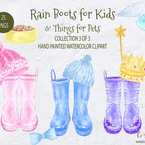 Watercolor Rain Boots for Kids and Things for Pets, kid&#39;s Wellies, watercolor wellington boots, paws, pets bowl for Instant download