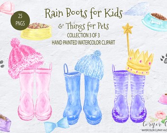 Watercolor Rain Boots Clipart, Kids & Pets, PNG (Digital Download)