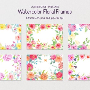 6 watercolor floral frames, 8&quot; x 11.5&quot; (A4) for instant download
