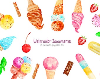 Ice Cream Clip Art, Watercolor Ice Cream Clipart printable instant download, colorful ice creams, watercolor ice creams