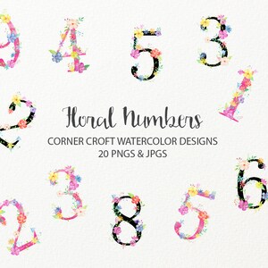 Watercolor floral numbers for instant download