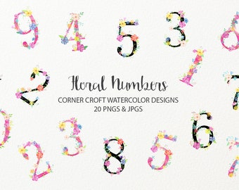 May include: Floral numbers 0-9 with watercolor flowers in pink, yellow, blue, and green. The numbers are black and outlined in pink. The text "Floral Numbers" is written in black cursive script. The text "CORNER CROFT WATERCOLOR DESIGNS" is written in black. The text "20 PNGS & JPGS" is written in black.