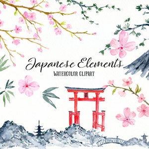 Japanese Elements clipart, watercolor Japanese Landscape, pink cherry blossoms,torii, Bonsai for instant download