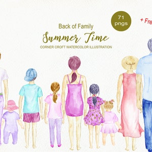 Achterkant van Family Summer Time Aquarel Illustratie voor het maken van gepersonaliseerde prints instant downloaden