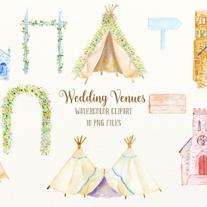 Lieux de mariage aquarelle - églises de mariage, arche de mariage, tipi, clipart mariage pour téléchargement immédiat pour carte de mariage invitation mariage