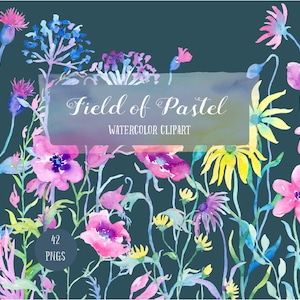 水彩画のクリップアート パステルカラーのフィールド - パステルカラーの草原の花、青、ピンク、紫の花のボーダー、フィールドの花をすぐにダウンロードできます