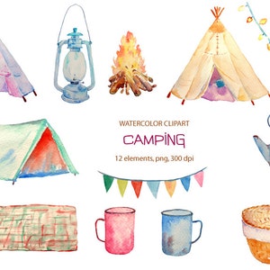 Hand painted watercolor camping clipart teepee tent camp fire instant download for greeting cards, diy wedding invitations