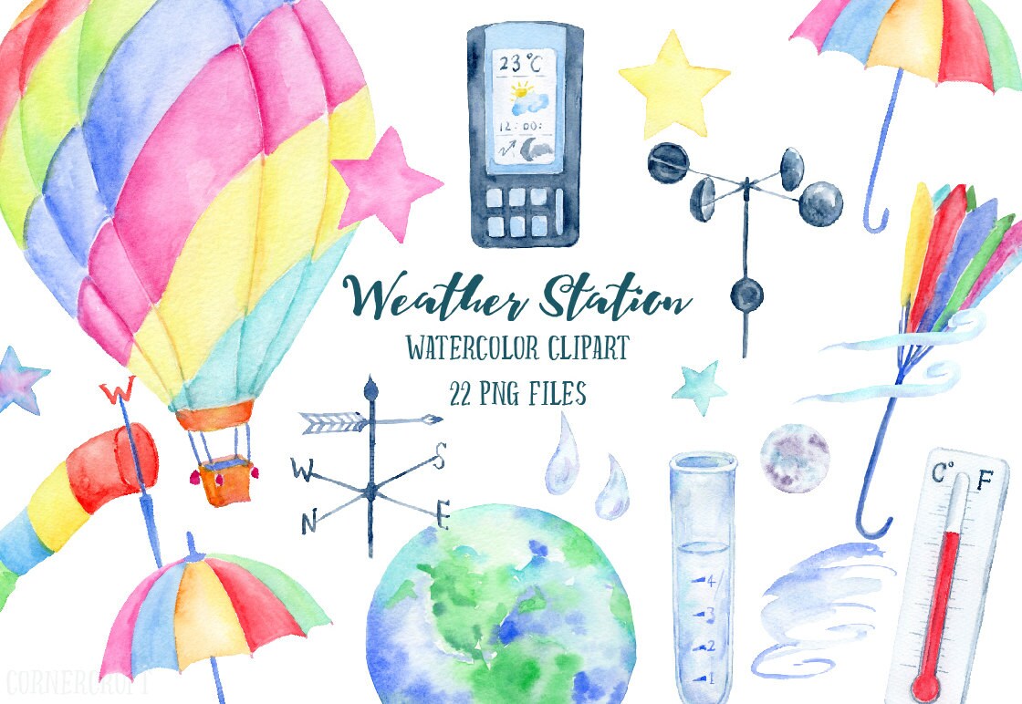 Watercolor Clipart Weather Station Hot Air Balloon Umbrella Etsy UK