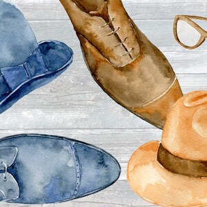 May include: A watercolor illustration of a set of men's accessories, including a blue fedora, a brown fedora, two pairs of blue and brown leather shoes, and a pair of clear-framed glasses.