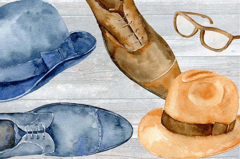 May include: A watercolor illustration of a set of men's accessories, including a blue fedora, a brown fedora, two pairs of blue and brown leather shoes, and a pair of clear-framed glasses.