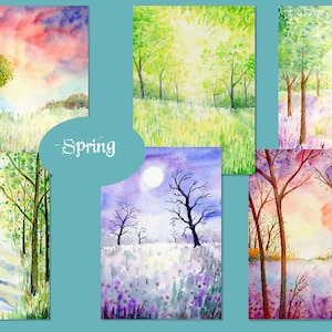 May include: Six watercolor paintings depicting different scenes of spring. The paintings feature trees, flowers, and a bright sky. The word "Spring" is written in a white oval in the center of the image.