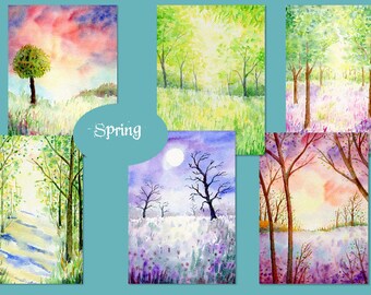 Watercolor Spring Landscape Backgrounds, Woodland Painting (Digital Download)