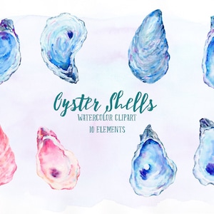 Watercolor clipart oyster shells, blue, purple and pink oyster shells and watercolor texture for instant download