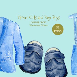 May include: A set of watercolor illustrations of clothing for a flower girl or page boy. The set includes a blue blazer, a pair of blue shoes, a pair of blue overalls, and a pair of blue shorts. The illustrations are in a watercolor style and are perfect for use in wedding invitations, announcements, or other special occasion stationery.