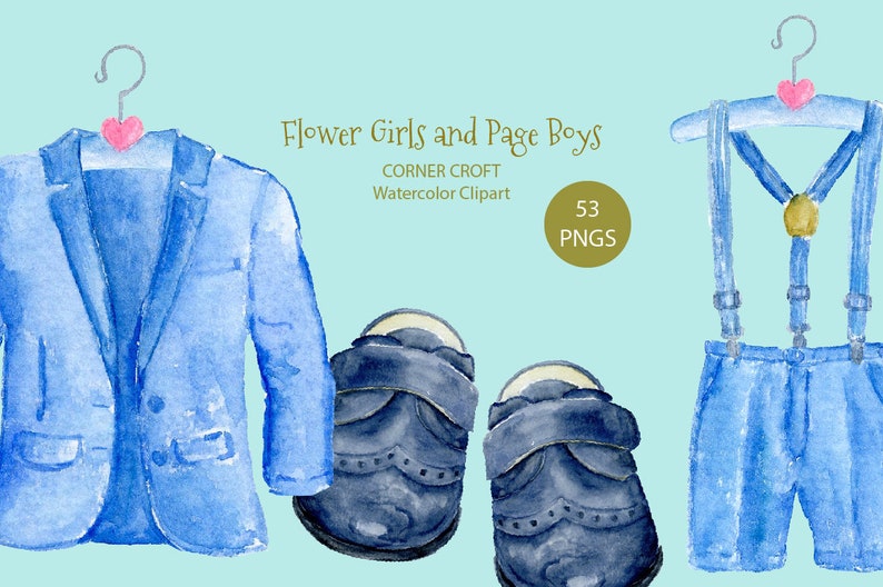 May include: A set of watercolor illustrations of clothing for a flower girl or page boy. The set includes a blue blazer, a pair of blue shoes, a pair of blue overalls, and a pair of blue shorts. The illustrations are in a watercolor style and are perfect for use in wedding invitations, announcements, or other special occasion stationery.