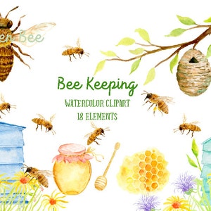 Bijenteelt illustraties, aquarel Bee houden voor onmiddellijke download voor scrapbook aquarel kaarten uitnodiging, honingbij, Bijenkorf