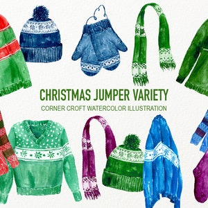 Natale Jumper varietà, acquerello Natale lanoso jumper, cappello, sciarpa, calza, personalizzato stampa creatore