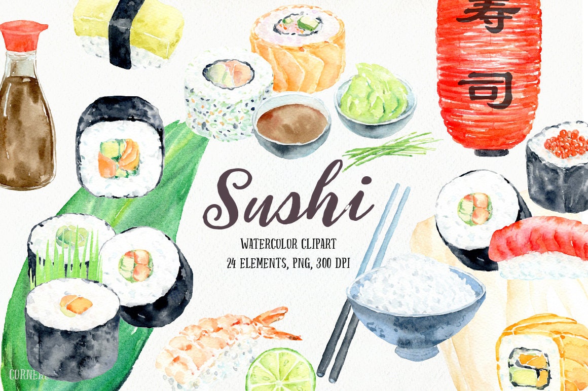 Sushi Clipart Watercolor Sushi Japanese Food Sushi Bar - Etsy UK