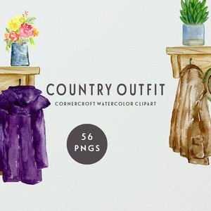 May include: Watercolor illustration of a coat rack with a purple jacket, a brown purse, a gray scarf, and a brown hat.  A second coat rack has a brown jacket, a green hat, and a pink scarf.  The text "COUNTRY OUTFIT CORNERCROFT WATERCOLOR CLIPART 56 PNGS" is below the coat racks.